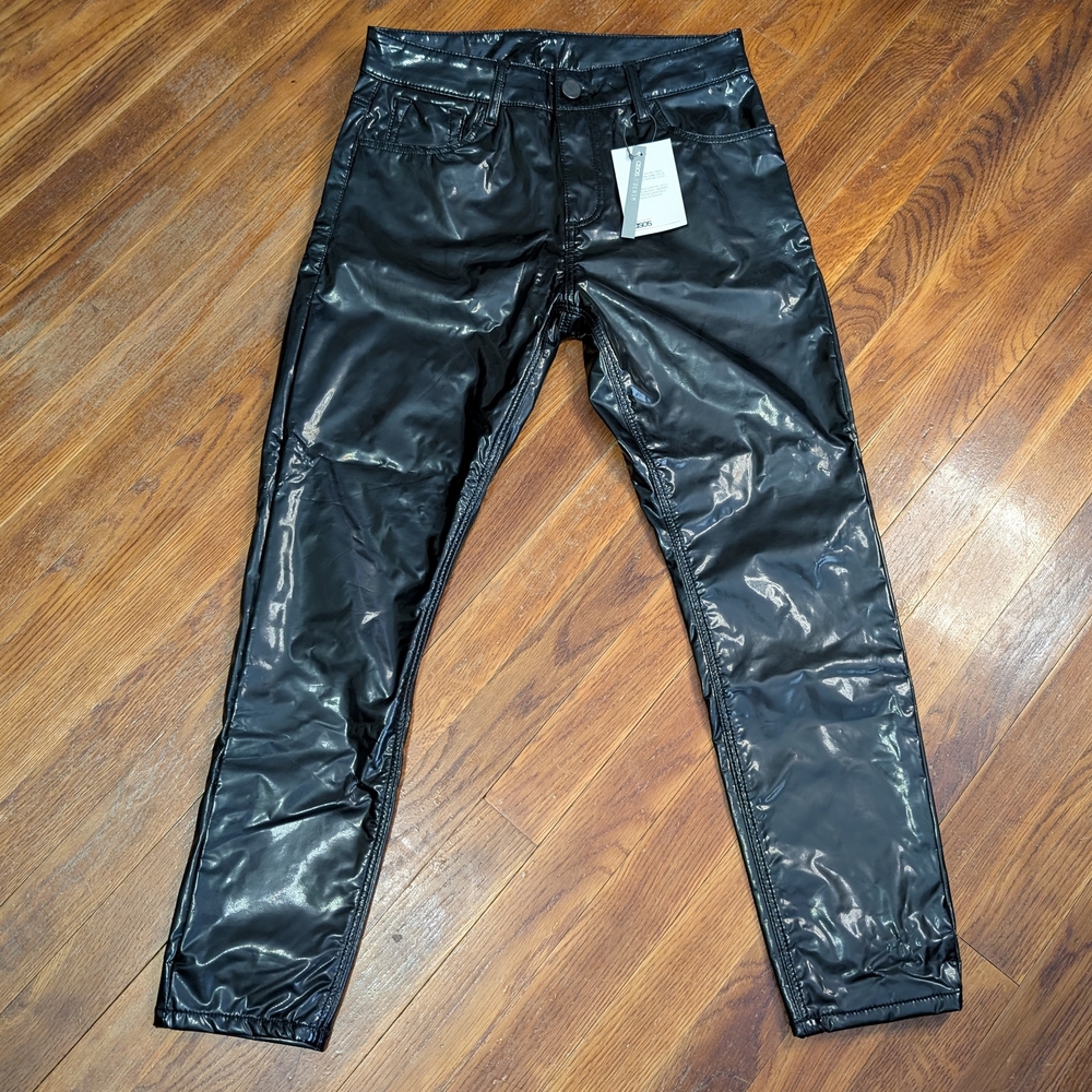 ASOS DESIGN Tall high shine crackle vinyl straight leg pants in black Size 26/30